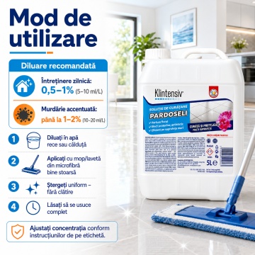 Soluție curățare pardoseli Klintensiv, detergent profesional concentrat, parfum persistent, fără clătire, pentru pardoseli lavabile, ceramică, piatră naturală, PVC și spații comerciale, 5 L, 4x Stickere - Img 4
