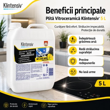 Soluție curățare plită vitroceramică Klintensiv, pentru plite cu inducție și sticlă ceramică, îndepărtează grăsimea arsă și petele persistente, finisaj fără urme, protecție împotriva depunerilor, 5 L, 4x Stickere - Img 6