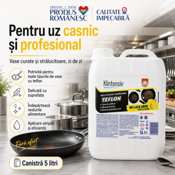 Soluție curățare teflon Klintensiv, pentru vase antiaderente, tigăi, cratițe și tăvi, curățare delicată fără zgâriere, îndepărtează grăsimea și resturile alimentare, 5 L, 4x Stickere - Img 6