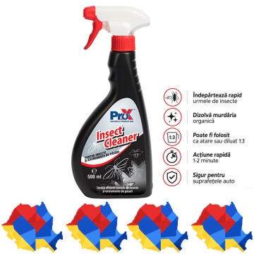 Soluție curățat insecte auto PRO X Insect Cleaner, pentru caroserie, parbriz, faruri și suprafețe exterioare, dizolvă urmele de insecte și murdăria organică, 500 ml, 4x Stickere