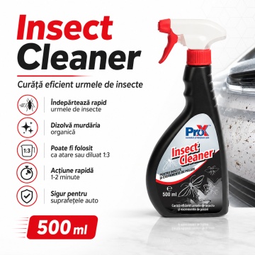 Soluție curățat insecte auto PRO X Insect Cleaner, pentru caroserie, parbriz, faruri și suprafețe exterioare, dizolvă urmele de insecte și murdăria organică, 500 ml, 4x Stickere - Img 2