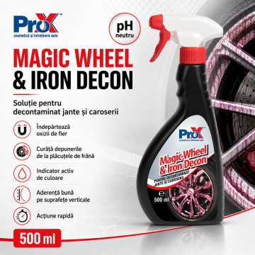 Soluție decontaminare jante și caroserie PRO X Magic Wheel & Iron Decon, fallout remover cu pH neutru, indicator activ roșu, pentru oxizi de fier și depuneri plăcuțe frână, 500 ml, 4x Stickere - Img 2