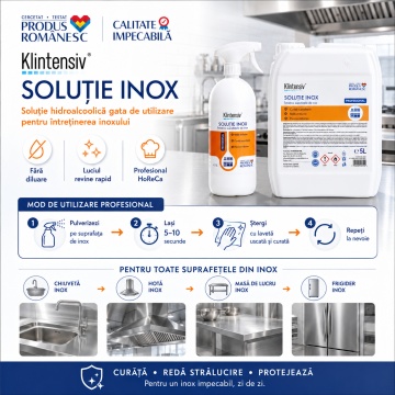 Soluție profesională curățare inox Klintensiv, pentru suprafețe metalice, echipamente HoReCa și utilaje, degresare rapidă, luciu de oglindă, biodegradabilă, canistră 5 L, 4x Stickere - Img 6