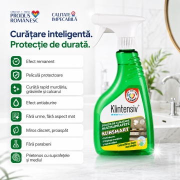 Soluție profesională de curățare Klintensiv KlinSmart, efect remanent, peliculă protectoare, anticalcar, degresant, antiaburire, baie și bucătărie, 500 ml, pulverizator, 4x Stickere - Img 2