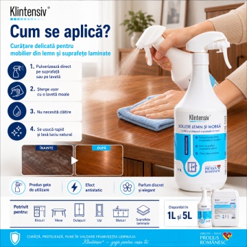 Soluție profesională pentru Lemn și Mobilă Klintensiv, curățare, protecție și luciu, efect antistatic, pentru mobilier, uși și suprafețe laminate, canistră 5 L, 4x Stickere - Img 4