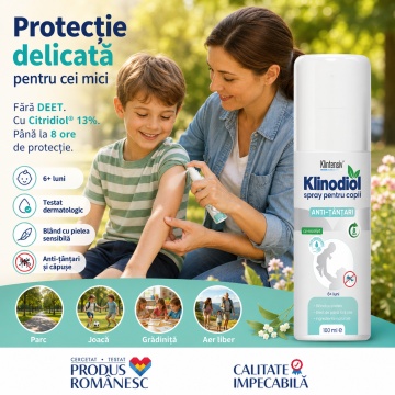 Spray repelent copii Klinodiol, anti țânțari, fără DEET, cu Citridiol 13%, protecție până la 8 ore, pH neutru, testat dermatologic, biodegradabil, 100 ml, 4x Stickere - Img 3