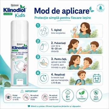 Spray repelent copii KlinodioL Kids, anti țânțari și căpușe, formulă naturală cu Citriodiol 5%, fără DEET, protecție până la 6 ore, pentru copii peste 6 luni, aviz biocid, 100 ml, 4x Stickere - Img 6
