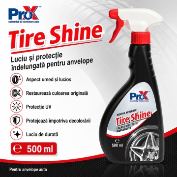 Tratament anvelope PRO X Tire Shine, dressing cu efect lucios și aspect umed, protecție UV, reîmprospătare culoare cauciuc, luciu și protecție îndelungată, 500 ml, 4x Stickere - Img 2