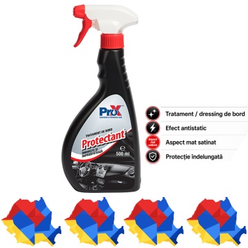 Tratament bord auto PRO X Protectant, dressing mat satinat pentru plastic, piele, vinil și cauciuc, efect antistatic, protecție și reîmprospătare suprafețe auto, 500 ml, 4x Stickere