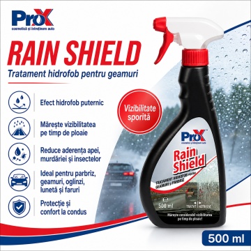 Tratament hidrofob parbriz PRO X Rain Shield, soluție anti-ploaie pentru exterior geamuri auto, parbriz, oglinzi, lunetă și faruri, efect repelent apă, vizibilitate îmbunătățită, 500 ml, 4x Stickere - Img 2