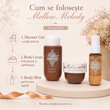 Travel Kit V.V. Love Mellow Melody, Set Damă cu Body Mist 40 ml, Shower Gel 90 ml și Body Cream 50 ml - Img 2