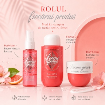 Travel Kit V.V. Love Serene Grove, Set Damă cu Body Mist 40 ml, Shower Gel 90 ml și Body Cream 50 ml - Img 7
