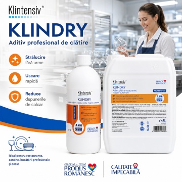 Aditiv profesional de clătire Klintensiv KLINDRY, pentru mașini automate de spălat vase, pahare, tacâmuri și veselă, anti-calcar, biodegradabil, fără parfum, canistră 5 L, 4x Stickere - Img 3