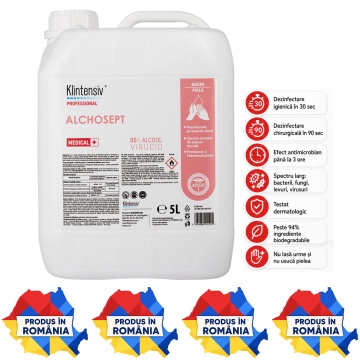 Alchosept dezinfectant igienic și chirurgical, canistră 5 L, 85% etanol, pentru reumplere dozatoare, stații de igienă, spitale și spații cu trafic ridicat, 4x Stickere