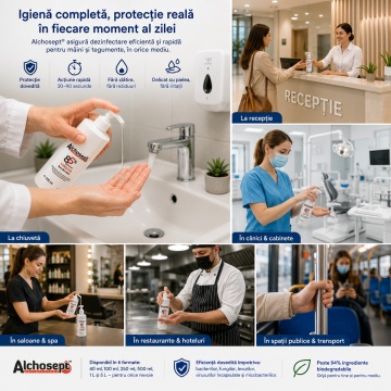 Alchosept dezinfectant profesional mâini și piele, hidroalcoolic, 85% etanol, dezinfectare igienică în 30 secunde și chirurgicală în 90 secunde, 1 L, 4x Stickere - Img 4