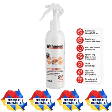 Alchosept dezinfectant profesional pentru mâini și tegumente, 85% etanol, pentru dezinfectare igienică, chirurgicală și piele înainte de injecții, 250 ml, 4x Stickere