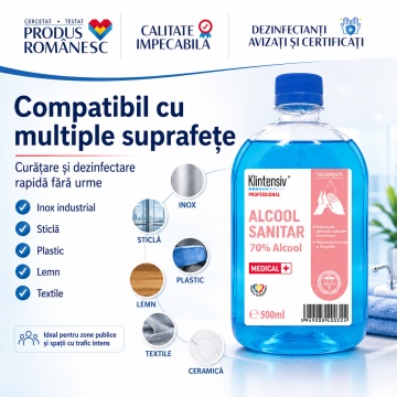 Alcool sanitar 70% Klintensiv Professional, dezinfectant pentru mâini și suprafețe, etanol 70%, acțiune rapidă, fără clătire, bactericid, levuricid și fungicid, aviz biocid, 500 ml, 4x Stickere - Img 4