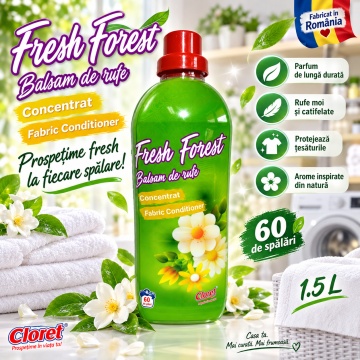 Balsam de Rufe Concentrat Cloret Fresh Forest, Fabric Conditioner, 60 Spălări, Parfum Fresh, Fabricat în România, 1.5L