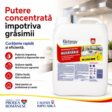 Degresant bucătărie Klintensiv, soluție profesională pentru grăsime arsă și murdărie persistentă, pentru hote, plite, cuptoare, grătare, tăvi, inox și suprafețe lavabile, 5 L, 4x Stickere - Img 3
