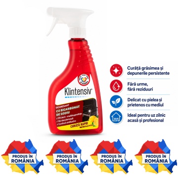 Degresant cu bicarbonat de sodiu Klintensiv, soluție profesională pentru grăsime arsă, pete și murdărie persistentă, fără parabeni, coloranți sau parfumuri artificiale, pentru bucătărie și suprafețe lavabile, 500 ml, 4x Stickere