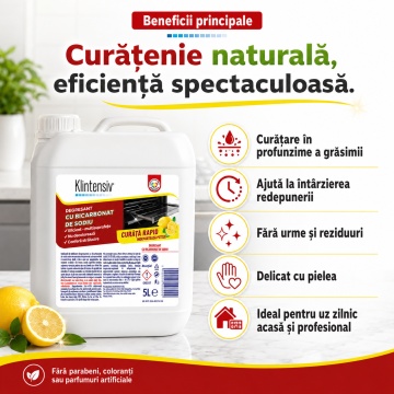 Degresant cu bicarbonat de sodiu Klintensiv, soluție profesională pentru grăsime arsă, pete și murdărie persistentă, fără parabeni, coloranți sau parfumuri artificiale, pentru bucătărie și suprafețe lavabile, 5 L, 4x Stickere - Img 3