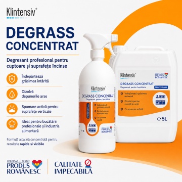Degresant profesional Klintensiv DEGRASS, concentrat alcalin pentru cuptoare, grill-uri, plite, friteuze și echipamente HoReCa, utilizare manuală sau cu spumator, canistră 5 L, 4x Stickere - Img 3