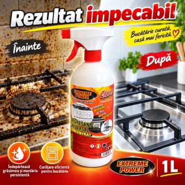 Degresant Universal Concentrat Cloret Extreme Power, pentru Aragaz, Hote, Cuptoare, Grătare, Rotisoare și Rosturi, Curățare Intensivă, Dizolva grasimea arsa, Fabricat în România, 1 L - Img 4