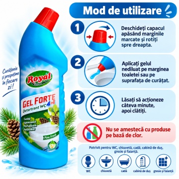 Detartrant WC 4 în 1 Royal Hygiene Gel Forte Pine Fresh, Curăță, Igienizează, Parfumează și Îndepărtează Calcarul, cu Extract Natural de Mușețel, Fabricat în România, 750 ml - Img 4