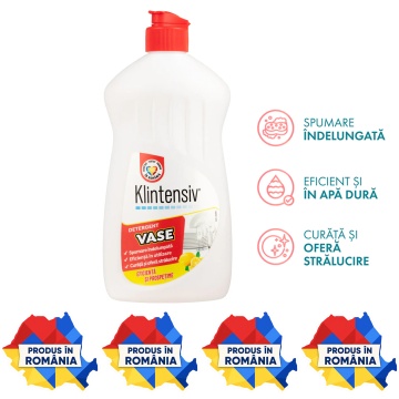 Detergent de vase Klintensiv, lichid concentrat pentru spălare manuală, degresare rapidă, eficient și în apă rece, pentru veselă, tacâmuri, pahare și ustensile, 500 ml, 4x Stickere