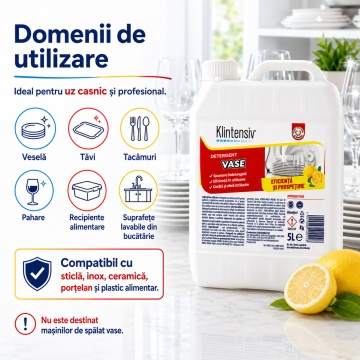 Detergent de vase Klintensiv, lichid concentrat profesional pentru spălare manuală, degresant pentru veselă, tăvi, tacâmuri, pahare și ustensile, canistră, 5 L, 4x Stickere - Img 4