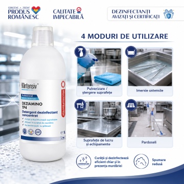 Detergent dezinfectant concentrat DEZIAMINO, TP4, pentru industria alimentară și HoReCa, bactericid, fungicid, levuricid și virucid, biodegradabil peste 90%, 1 L, 4x Stickere - Img 4