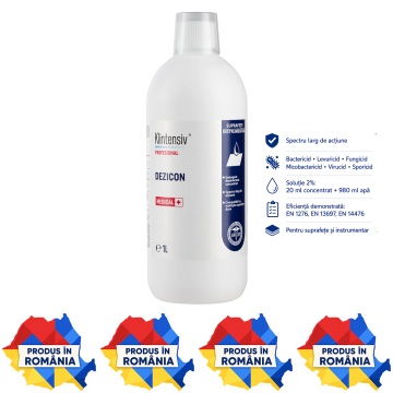 Detergent dezinfectant concentrat Klintensiv Dezicon, soluție 2%, pentru suprafețe, pavimente și instrumentar, bactericid, virucid, fungicid, micobactericid și sporicid, 1 L, 4x Stickere