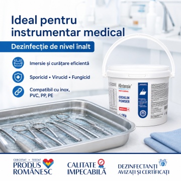 Detergent dezinfectant de nivel înalt Oxoklin Powder Klintensiv, pulbere profesională, bactericid, levuricid, fungicid, virucid, micobactericid și sporicid, pentru suprafețe, instrumentar și textile, 1 kg, 4x Stickere - Img 4