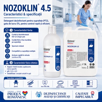 Detergent dezinfectant profesional pentru suprafețe și pavimente Nozoklin 4.5 Klintensiv, soluție 5%, pentru instituții, clinici, birouri, școli, HoReCa și spații comerciale, canistră 5 L, 4x Stickere - Img 3
