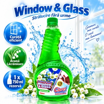 Detergent geamuri Cloret Window & Glass, Rezerva, Soluție Profesională pentru Geamuri și Sticlă, Power Clean + Alcool, Fabricat în România, Lacramioara, 750 ml - Img 4