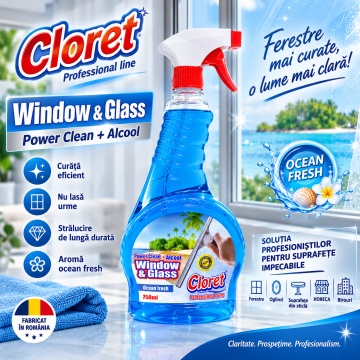 Detergent geamuri Cloret Window & Glass, Soluție Profesională pentru Geamuri și Sticlă, Power Clean + Alcool, Fabricat în România, Ocean Fresh, 750 ml