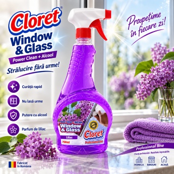 Detergent geamuri Cloret Window & Glass, Soluție Profesională pentru Geamuri și Sticlă, Power Clean + Alcool, Fabricat în România, Liliac, 750 ml - Img 4