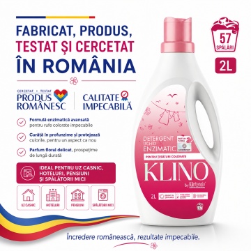Detergent lichid enzimatic pentru rufe colorate KLINO Klintensiv, eficient de la 20°C, fabricat in Romania, parfum floral, prospetime de durata, 57 spalari, 2 L, 4x Stickere - Img 7