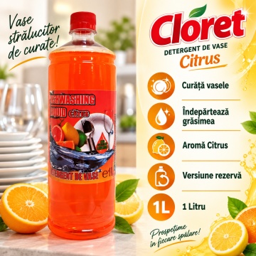 Detergent lichid pentru vase Cloret Dishwashing Liquid Citrus – aromă Citrus, rezervă 1 L - Img 4