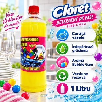 Detergent Lichid pentru Vase Cloret Dishwashing Liquid Citrus, Ideal pentru reumplere, Degresare și Curățare Eficientă, Aromă Bubble Gum, 1 L - Img 4