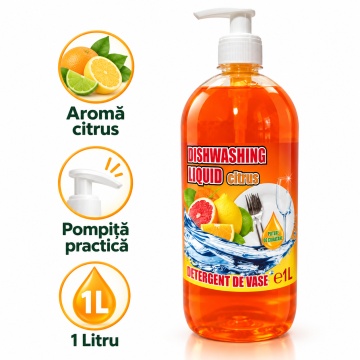 Detergent Lichid pentru Vase Cloret Dishwashing Liquid Citrus, Degresare și Curățare Eficientă, Aromă Citrice, 1 L