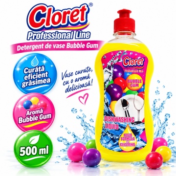 Detergent Lichid pentru Vase Cloret Dishwashing Liquid Citrus, Degresare și Curățare Eficientă, Aromă Bubble Gum, 500 ml