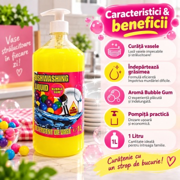 Detergent Lichid pentru Vase Cloret Dishwashing Liquid Citrus, Degresare și Curățare Eficientă, Aromă Bubble Gum, 1 L - Img 4
