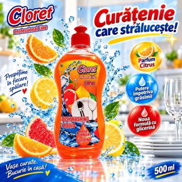 Detergent Lichid pentru Vase Cloret Dishwashing Liquid Citrus, Degresare și Curățare Eficientă, Aromă Citrice, 500 ml - Img 4