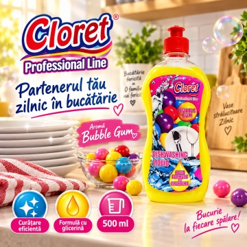 Detergent Lichid pentru Vase Cloret Dishwashing Liquid Citrus, Degresare și Curățare Eficientă, Aromă Bubble Gum, 500 ml - Img 4
