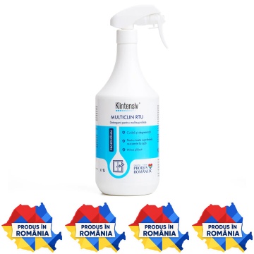 Detergent multisuprafețe Klintensiv MultiClin RTU, gata de utilizare, degresant, fără urme, fără clătire, pentru metal, plastic, sticlă, lemn lăcuit, PAL, gresie și ceramică, 1 L, 4x Stickere