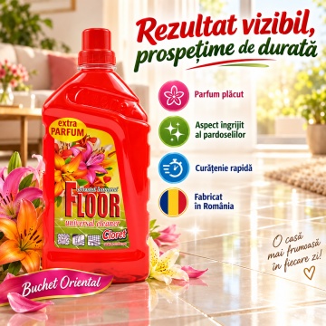 Detergent Pardoseli Cloret Buchet Oriental, Curățare Zilnică, Fără Clătire, pentru Mop și Lavetă, Parfum Oriental Intens, Fabricat în România, 1 L - Img 4