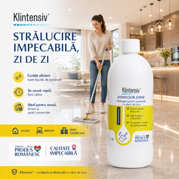 Detergent pardoseli Klintensiv KLINFLOOR SHINE, concentrat, efect de luciu, fără clătire, uscare rapidă, pentru gresie, granit, marmură, ceramică și porțelan, 1 L, 4x Stickere - Img 6