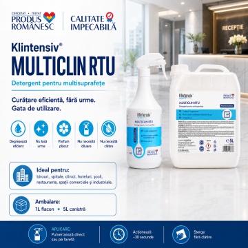 Detergent profesional multisuprafețe Klintensiv MultiClin RTU, soluție degresantă gata de utilizare, pentru suprafețe dure lavabile, birouri, hoteluri, clinici, restaurante și spații comerciale, canistră 5 L, 4x Stickere - Img 4