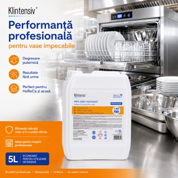 Detergent profesional pentru mașini de spălat vase Klintensiv PRO DISH, alcalin, concentrat, degresant puternic, anti-calcar, fără parfum, pentru HoReCa și bucătării colective, 5 L, 4x Stickere - Img 2